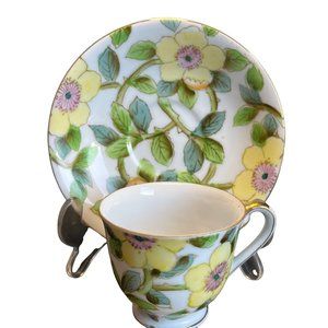 Vintage Merit Occupied Japan Demitasse Yellow Flowers Gold Trim Tea Cup Saucer